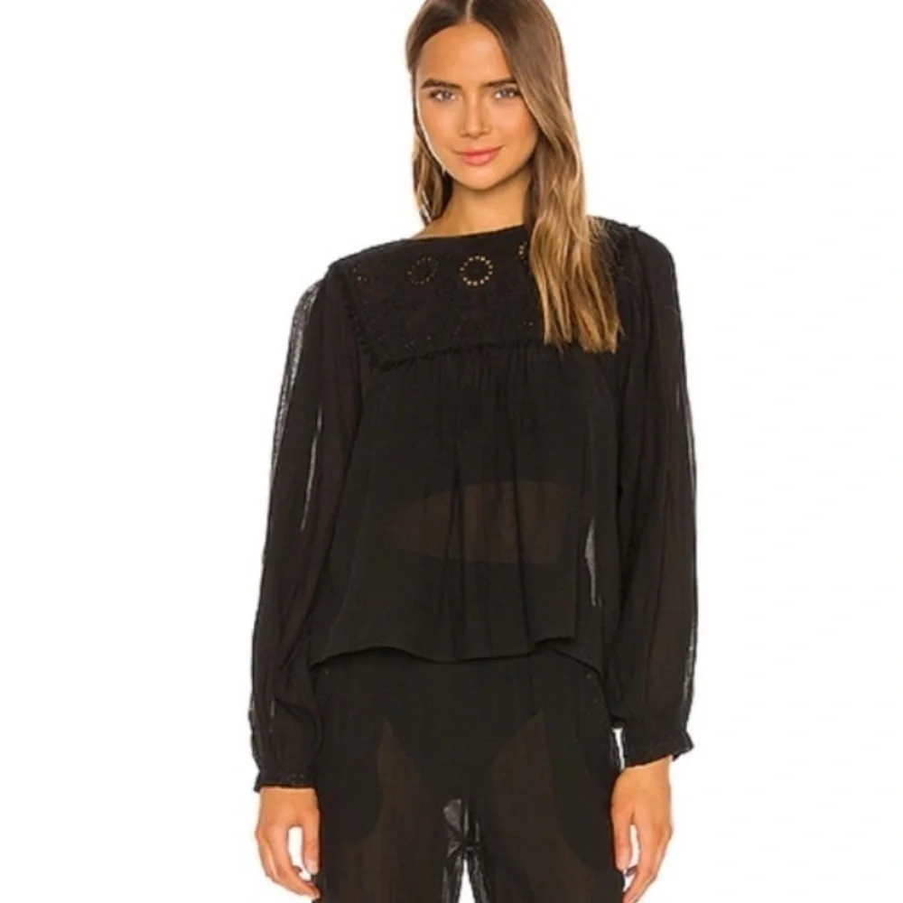 Free People Top Women Small Shirt Blouse Black Semi Sheer Valencia Babydoll E
